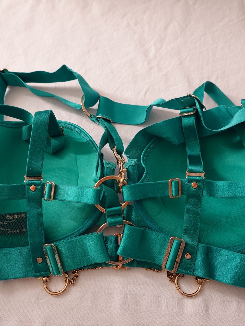 *Rare* Honey Birdette Kukuro Jade Harness Bra & Panty, Garter, Stocking Set - Picture 5 of 15